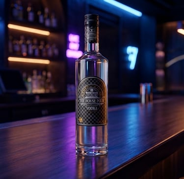 Een premium fles The House Pour Vodka op een stijlvolle houten bar in een schemerig verlichte lounge