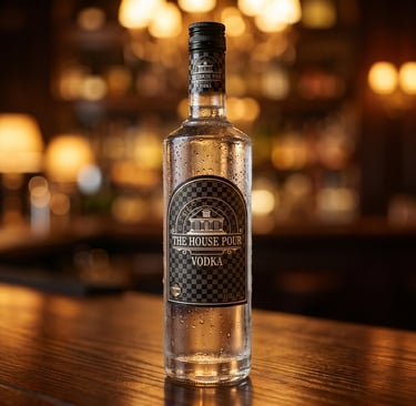 Een gekoelde fles The House Pour Vodka op een donkere houten bar in een schemerig verlichte lounge.