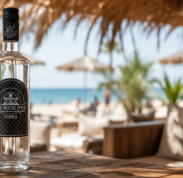The House Pour Vodka op een beachclubterras aan zee tijdens een zonnige zomerdag.