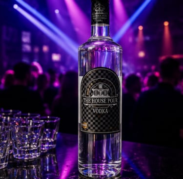 Vodkafles op een verlichte nachtclubbar met gasten, cocktailglazen en sfeervolle clubverlichting.