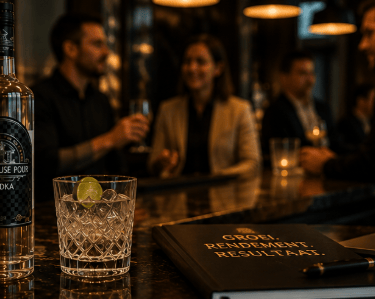 Het huis schenkt een fles wodka en een cocktail in op een bar waar een laptop met een groeigrafiek t