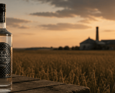 Een fles The House Pour Vodka op een houten tafel in een tarweveld bij zonsondergang, vlakbij een d