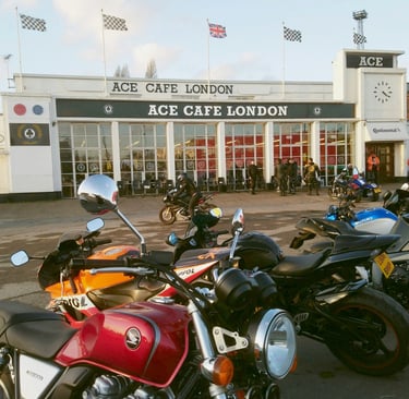 outside the ace cafe on modern day london with the bikes still part of the scenery