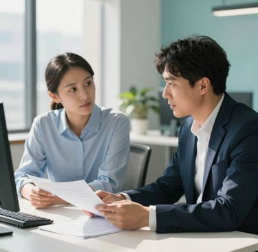 A high-end, bright professional office space in North American / US where two professionals are engaged in a calm, respectful discussion over documents, soft natural light, shades of light blue and teal in the decor.