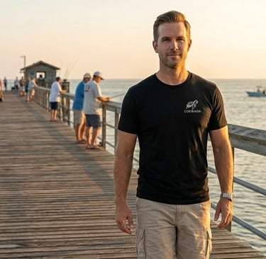 Courage Sports wear in the pier with black shirth