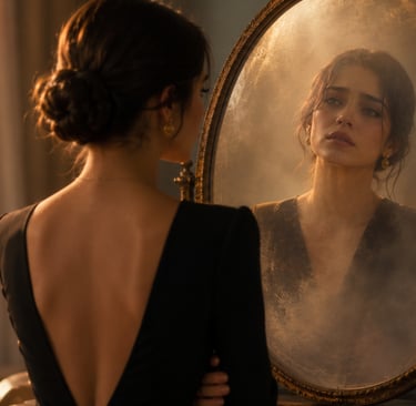 Femme independante face a son reflet, illustrant le conflit conscient inconscient en amour