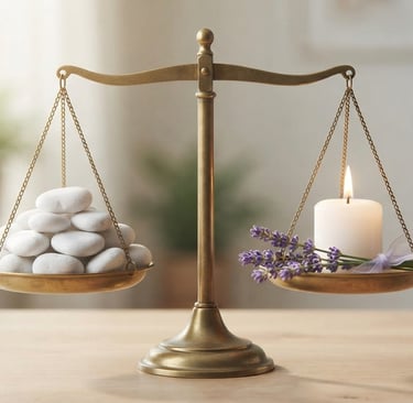 Photographie conceptuelle d'une balance ancienne en laiton parfaitement équilibrée sur une table