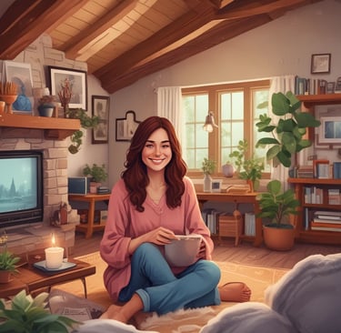 Smiling woman enjoying a crunchy snack from Golden Nimco at a cozy home setting