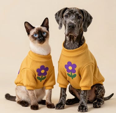 Un gato siamés y un perro gran danés con suéteres a juego de flores amarillas.