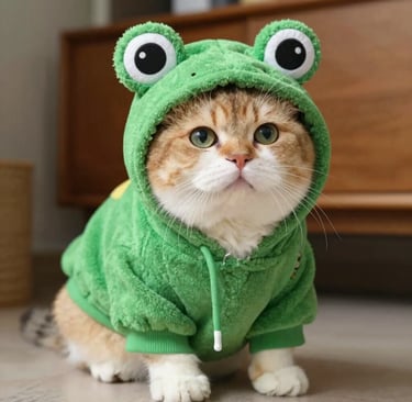 Adorable gata tricolor con una sudadera verde con capucha de rana y grandes ojos sentada 