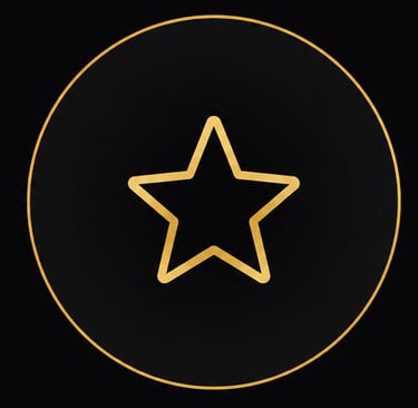 Gold star outline icon inside a thin golden circle on a solid black background.
