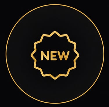 Elegant gold badge icon with the word NEW inside a thin golden circle on a black background.