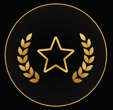 Golden star icon with a laurel wreath on a black background, representing excellence and achievement awards.