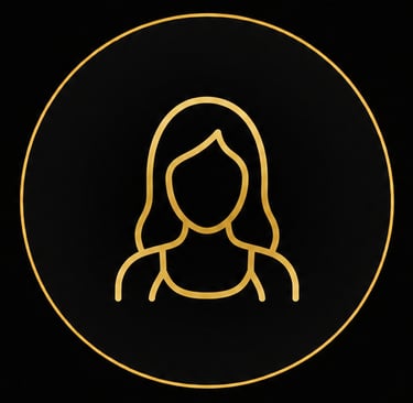 Minimalist gold line art female avatar icon inside a circular frame on a black background.