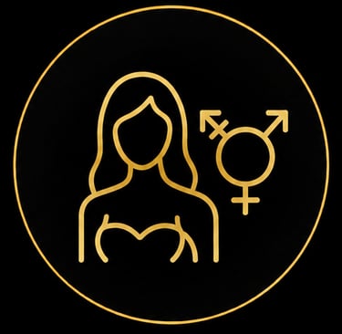 Gold line art icon of a woman and transgender symbol inside a circle on a black background.