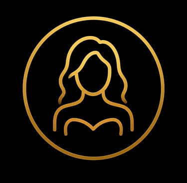 Golden female profile icon with wavy hair inside a circle on a black background.