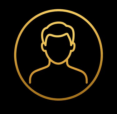 Gold profile avatar icon featuring a masculine silhouette in a circle on a black background.