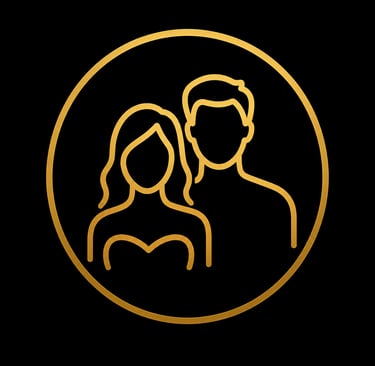 Gold outline icon of a couple profile inside a circle on a black background.