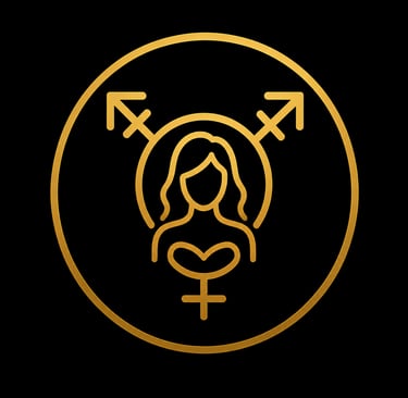 Golden transgender symbol icon featuring a female silhouette inside a circular border on a black background.