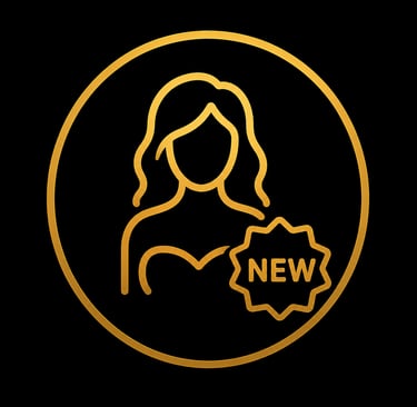 Golden profile icon of a woman with a new arrival badge for fashion and beauty retail.