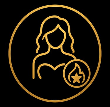 Gold line art icon of a woman with long hair and a fire star symbol on a black background.