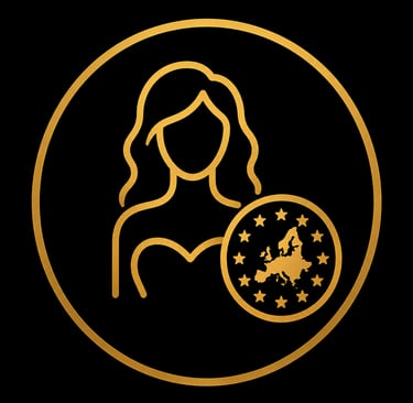 Gold line art icon of a woman beside a map of Europe with stars on a black background.