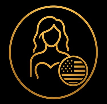 Gold line art icon of a woman's silhouette next to a circular American flag on a black background.