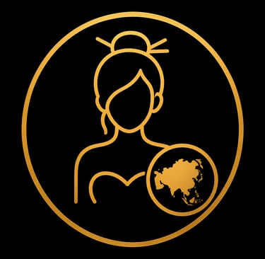 Gold line art icon of an Asian woman and map of Asia in a circle on a black background.