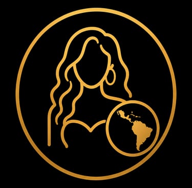 Gold outline icon of a woman with long hair next to a globe showing the Americas on a black background.