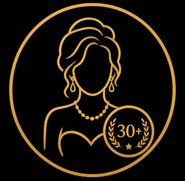 Elegant gold line art icon of a woman with a 30 plus age rating badge for mature content.