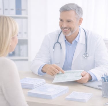 A smiling male doctor in a white coat consulting with a female patient at a desk in a medical office.
