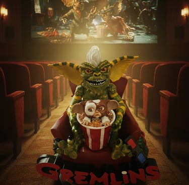 a gremlin sat in an armchair with a bucket of popcorn, drink and 3d cinema glasses
