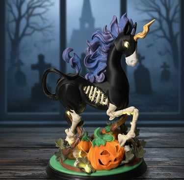 a black and white statue of a unicorn with pumpkins and lights in ribcage