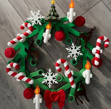 Giant 'Lego' Christmas wreath featuring Christmas tree, candy canes, reindeer, candles, holly, bow