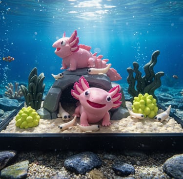 cute axolotls in cave with plants and shrimps 