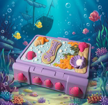 Mermaid book with closable 'latch' incasing a mermaid, crab, fish, trident, mirror and sea shell