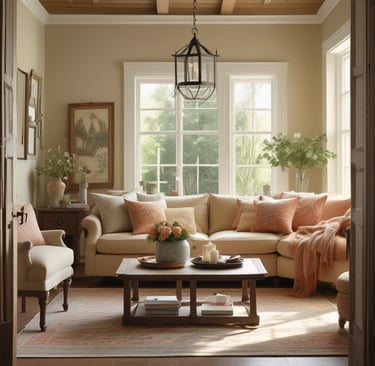 A charming bohemian-style nook with woven wall hangings, potted plants, and a rustic wooden bench.