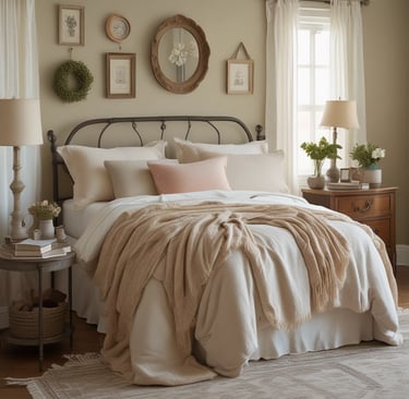 A sunlit cottage porch adorned with hanging flower baskets and vintage lanterns.