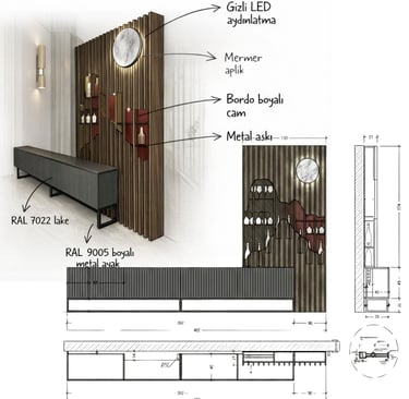 İç mimari proje yönetimi sürecinde teknik çizim ve uygulama detayı.