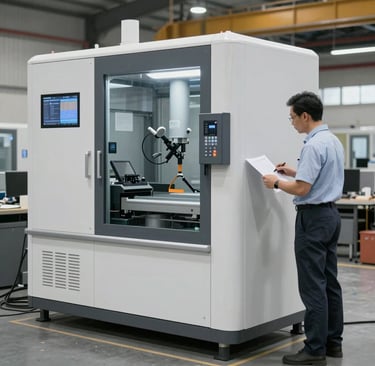 Modern warehouse shelves stocked with various machinery spare parts and components.