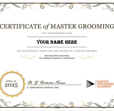 apicture of out Master Grooming Certificate from mastergroomersacademy.com