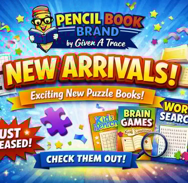 Pencil Book brand new arrivals graphic promoting new puzzle books and word search releases by Given