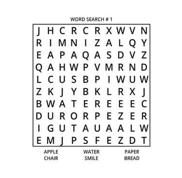 word search puzzle page from Pencil Book brand featuring words like apple, chair, water, smiles, pap