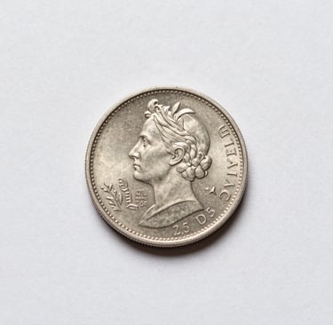 A clean, minimalist photography of a rare silver coin centered on an off-white background, soft shadows, capturing the metallic luster and professional presentation.
