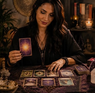 Cartas ilustradas na mesa para sessão de cartomante leitura carta de oráculos