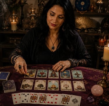 Diversos baralhos na mesa para jogo de cartomante tarot baralho cigano e cartas comus