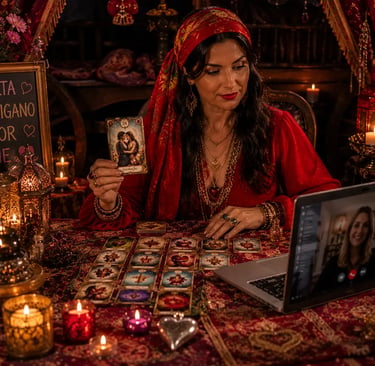Cartas dispostas na mesa para consulta baralho cigano do amor online