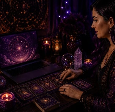 Cartas de tarot na mesa iluminada para consulta de tarot online 24 horas.
