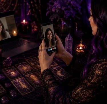 Cartas de tarot ao lado de celular em consulta de taróloga online por WhatsApp