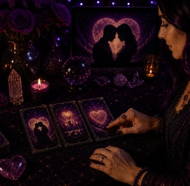 Três cartas alinhadas na mesa para consulta tarot do amor 3 cartas